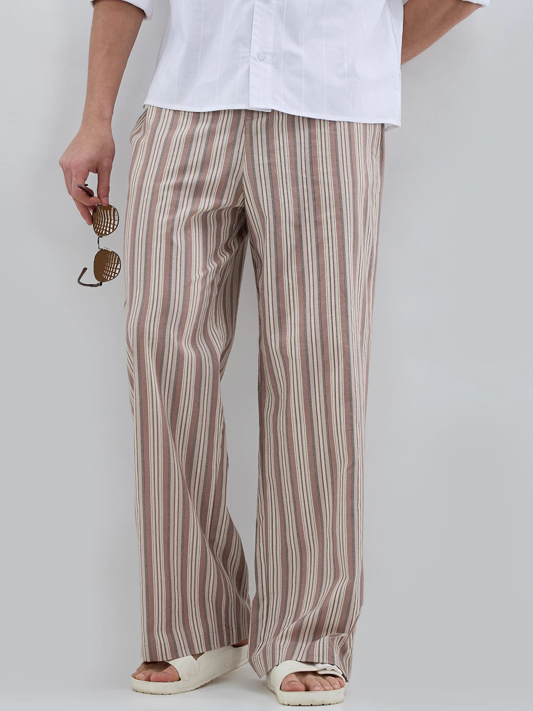 Brown Contrast Striped Wide Leg Trousers