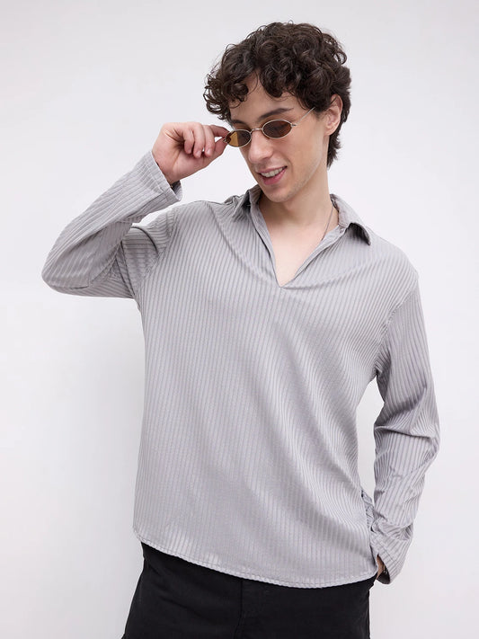 Ash Grey Dual Weave Striped Oversized Polo Knit Shirt
