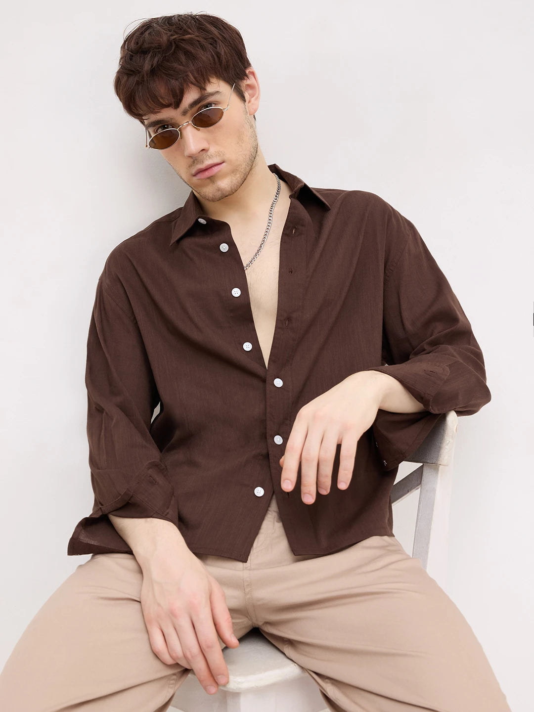 Refined Luxe Brown Boxy Fit Crop Shirt