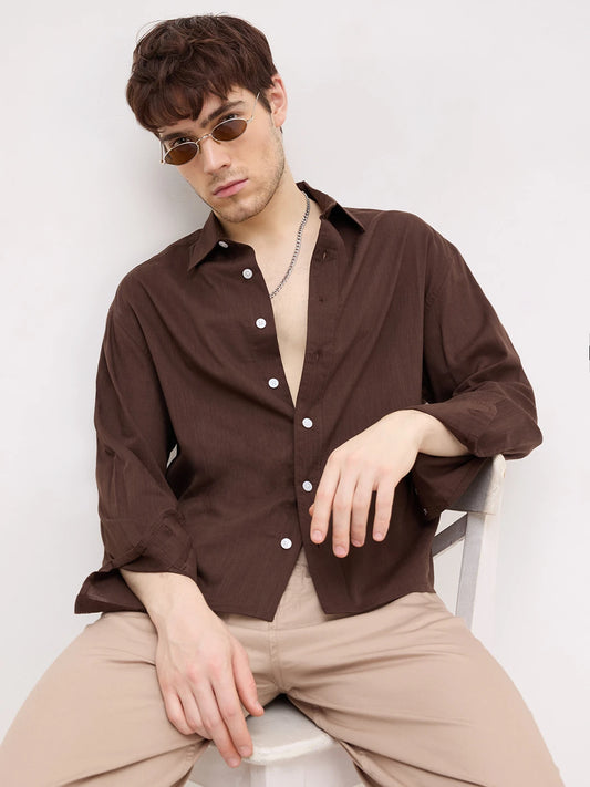 Refined Luxe Brown Boxy Fit Crop Shirt
