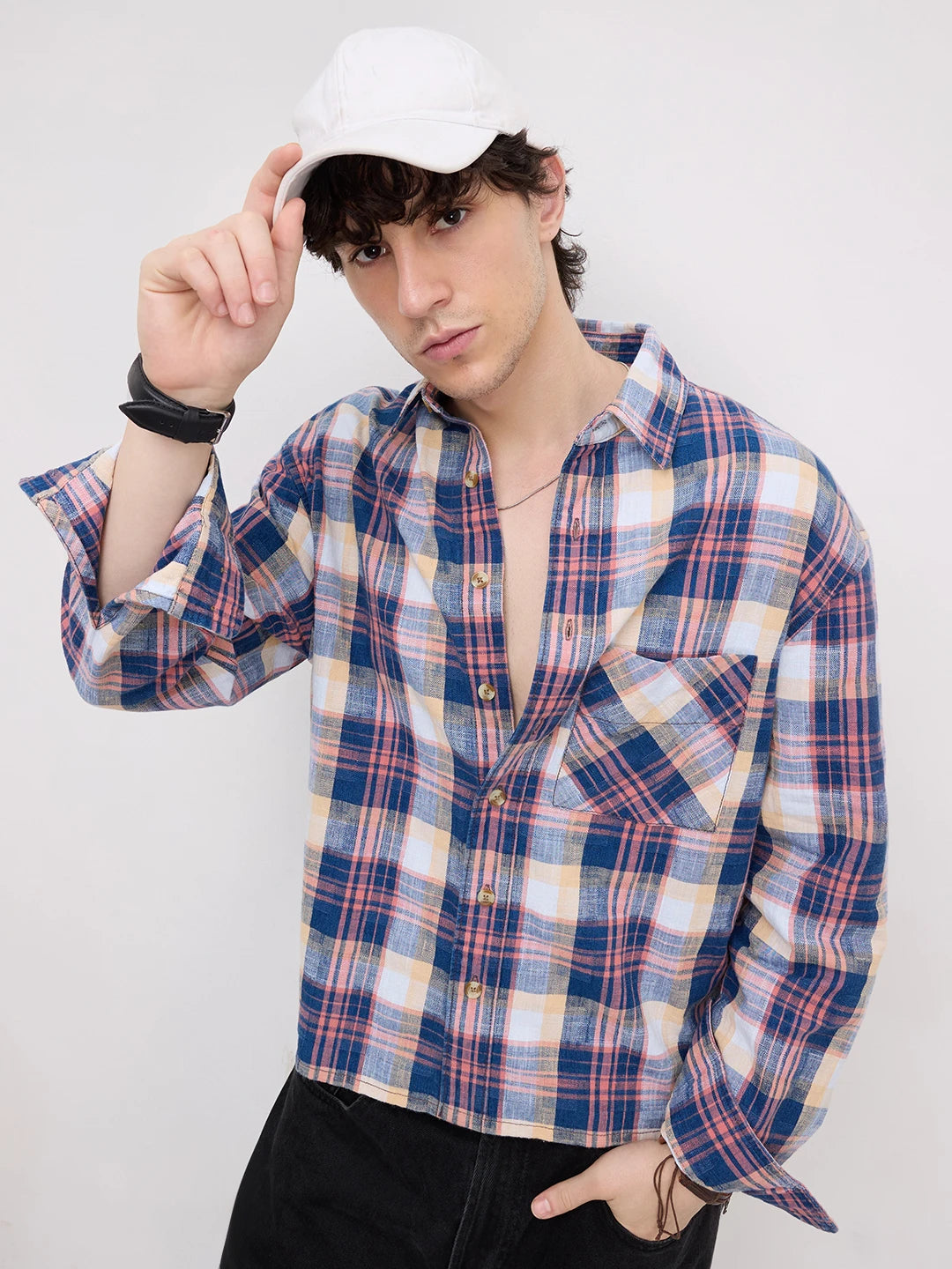 Luxe Denim Coral Pink Plaid Checks Boxy Fit Crop Shirt