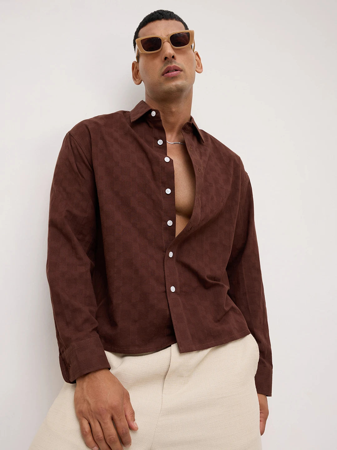 Coffee Brown Square Weave Boxy Fit Crop Shirt
