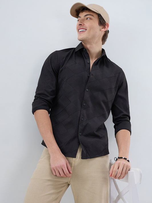 Intricate Black Block Weave Knitted Shirt
