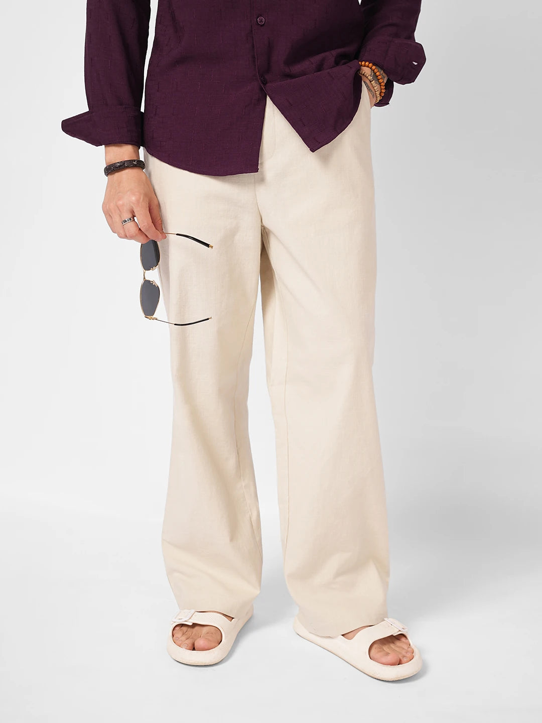 Creamy Beige Slub Weave Straight Fit Trousers