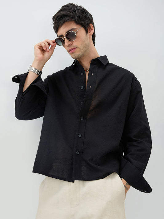 Jet Black Sheer Weave Boxy Fit Crop Shirt