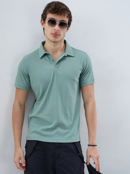 Refined Jungle Green Hairline Striped Polo Knit T-Shirt