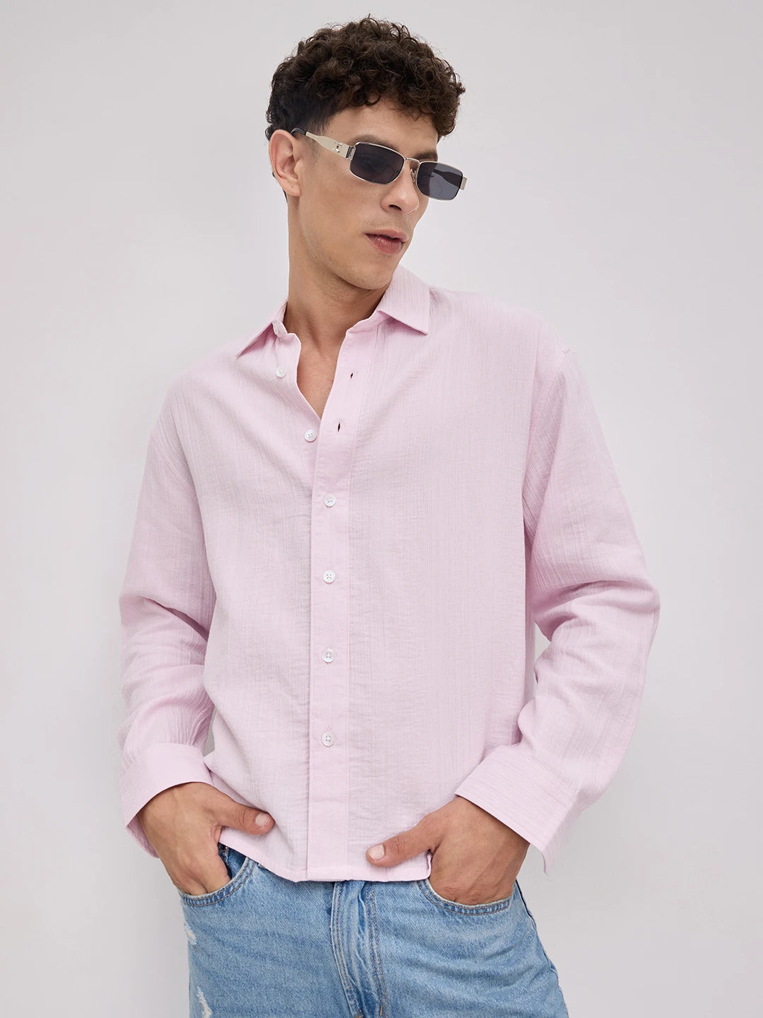 Soft Baby Pink Double Cloth Seersucker Striped Boxy Fit Crop Shirt