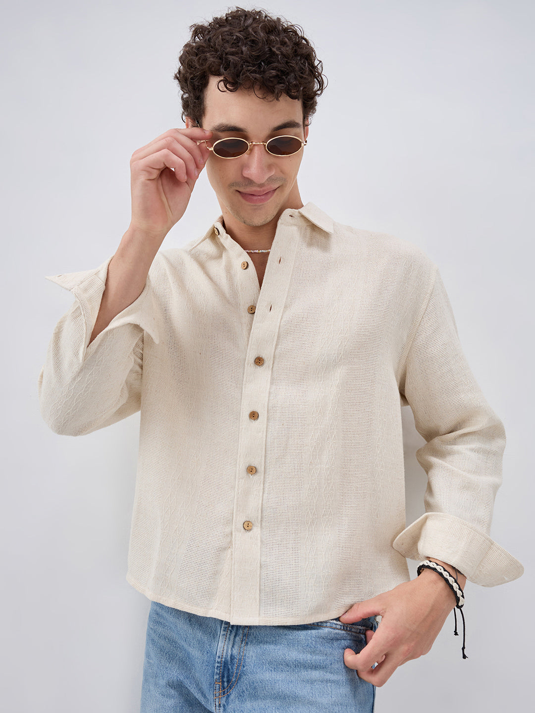 Raw Linen Blend Micro Weave Lozenge Textured Boxy Fit Crop Shirt