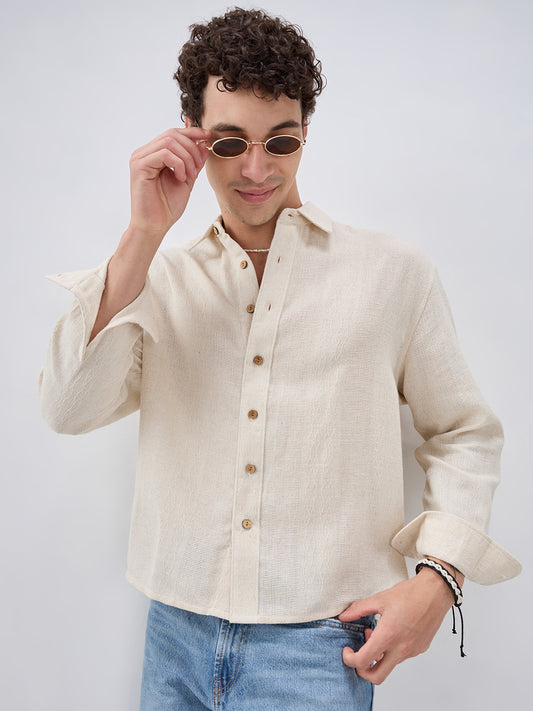 Raw Linen Blend Micro Weave Lozenge Textured Boxy Fit Crop Shirt