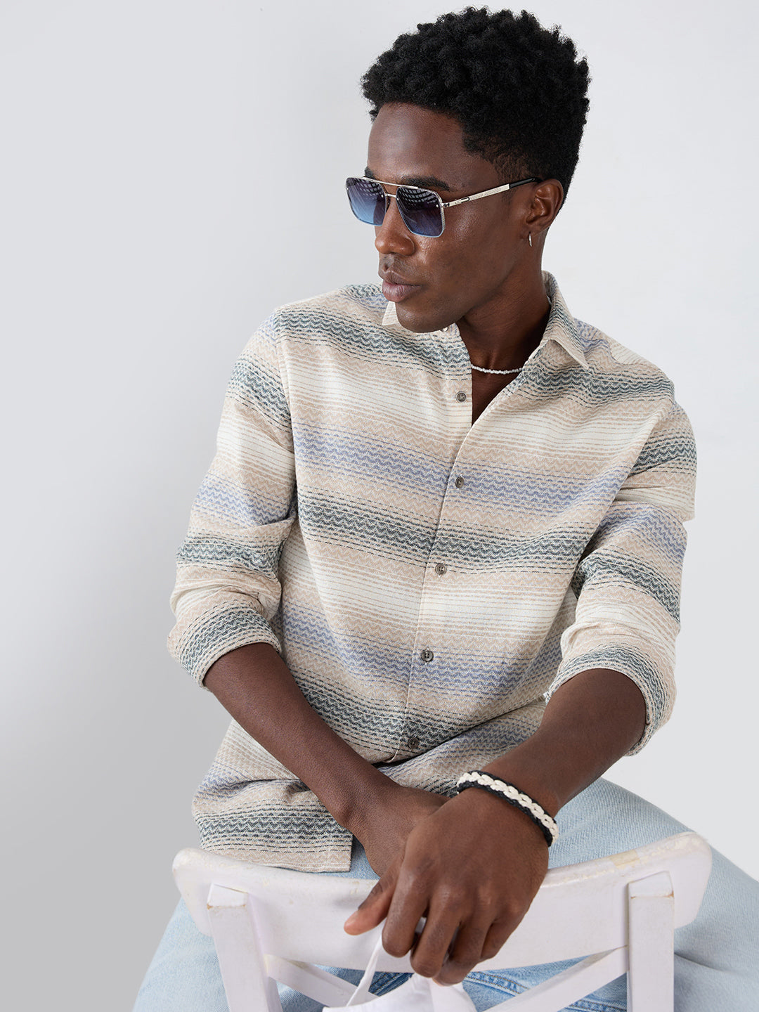 Natural Sand Beige Contrast Motif Striped Shirt