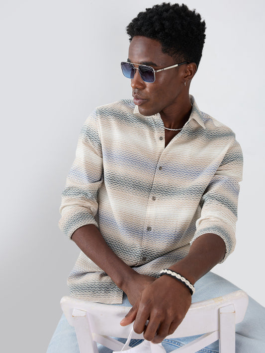 Natural Sand Beige Contrast Motif Striped Shirt