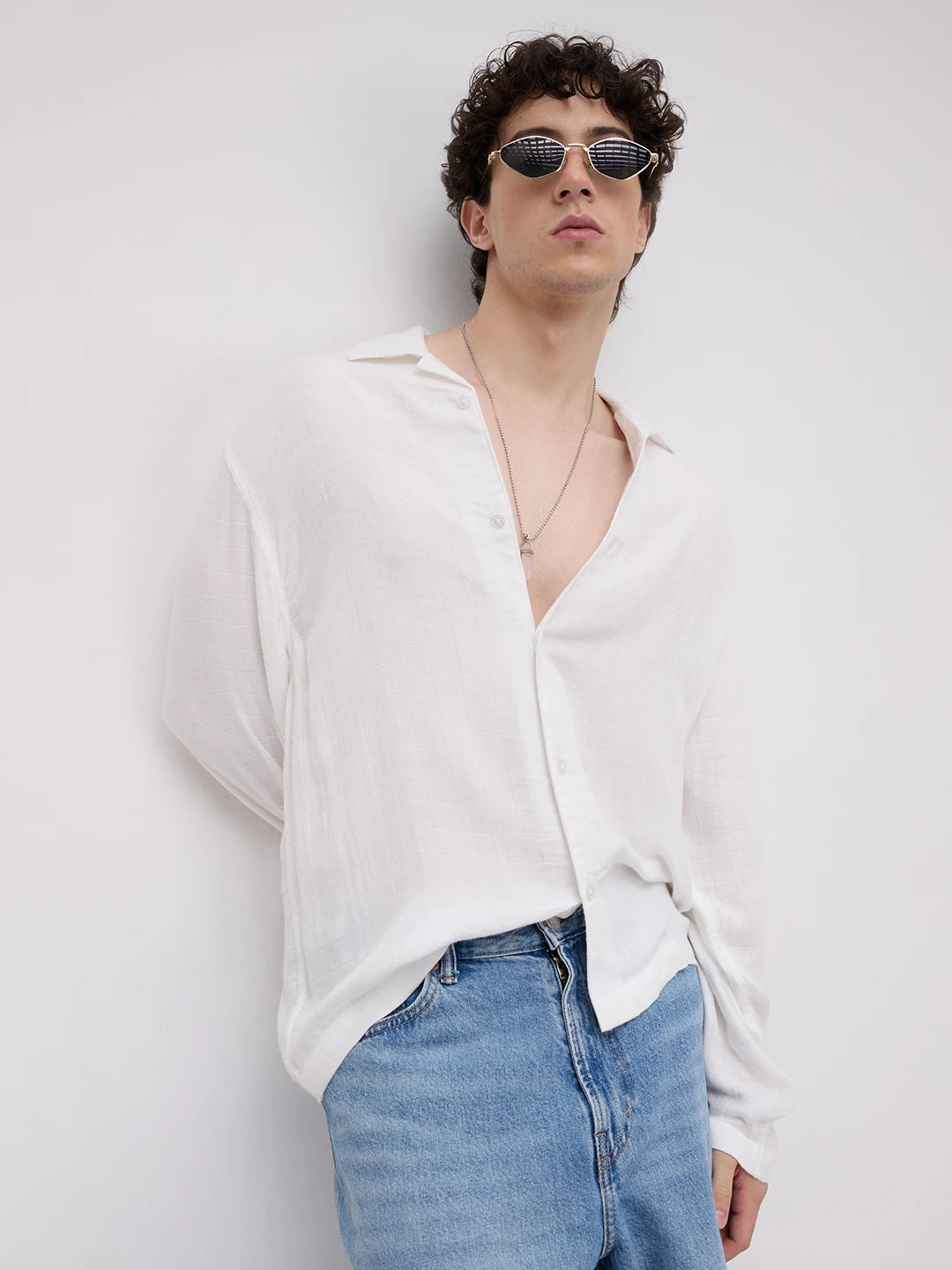 Cloud White Square Weave Double Cloth Notch Collar Oversized Shirt