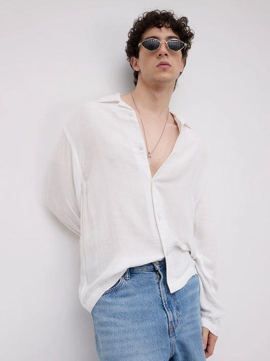Cloud White Square Weave Double Cloth Notch Collar Oversized Shirt