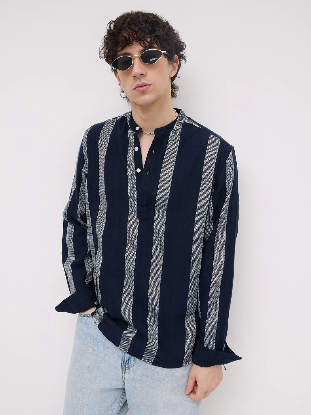Twilight Navy Artisan Contrast Loom Striped Kurta