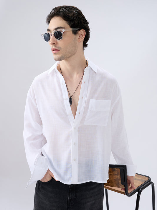 Pearl White Subtle Textured Boxy Fit Crop Shirt