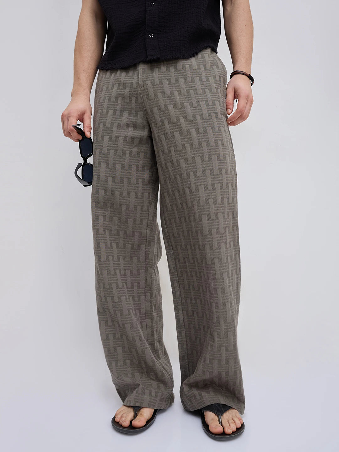 Elevated Grey  Architectural Weave Wide Leg Trousers