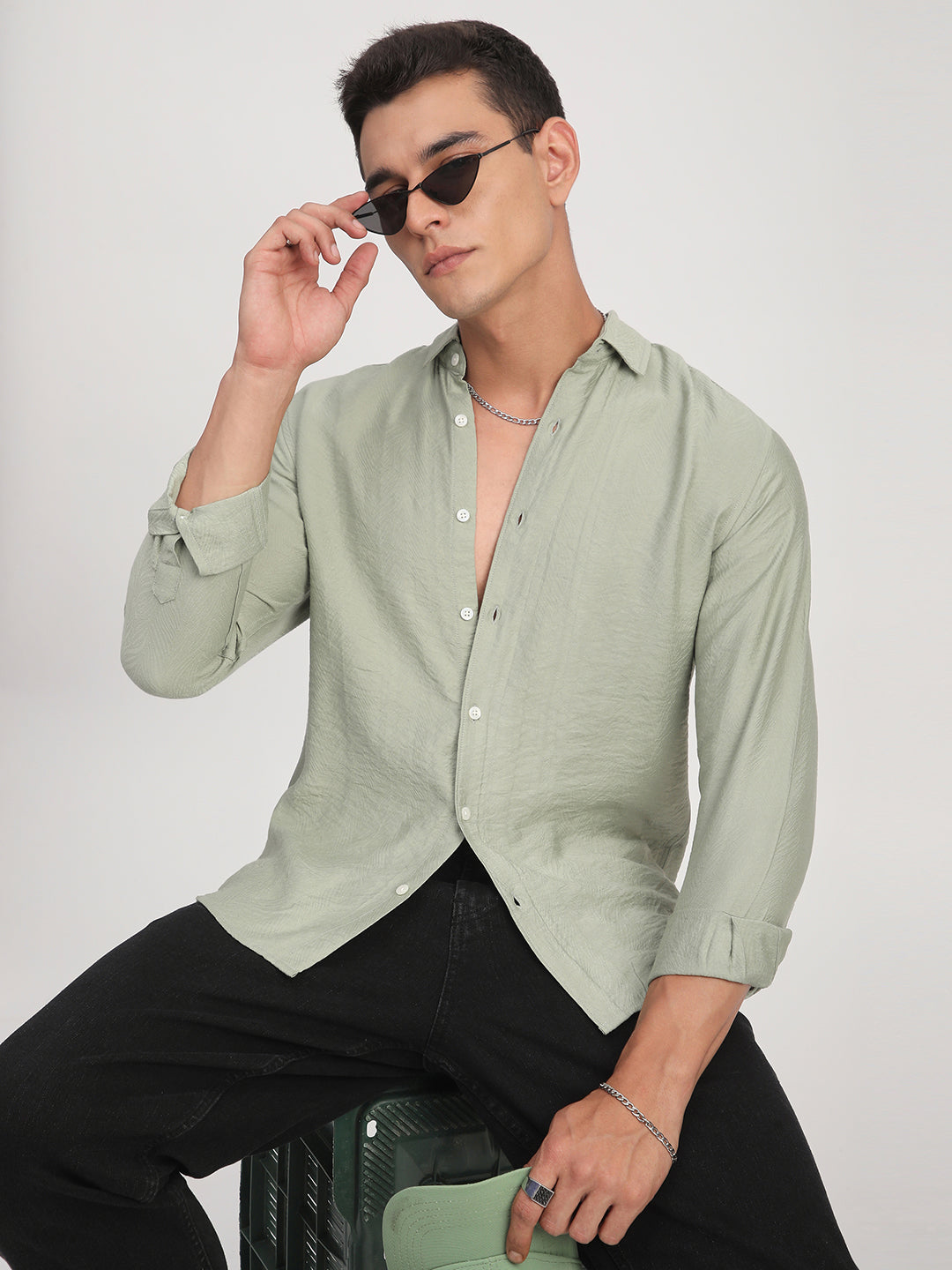 Sage Green Rhythmic Wave Shirt
