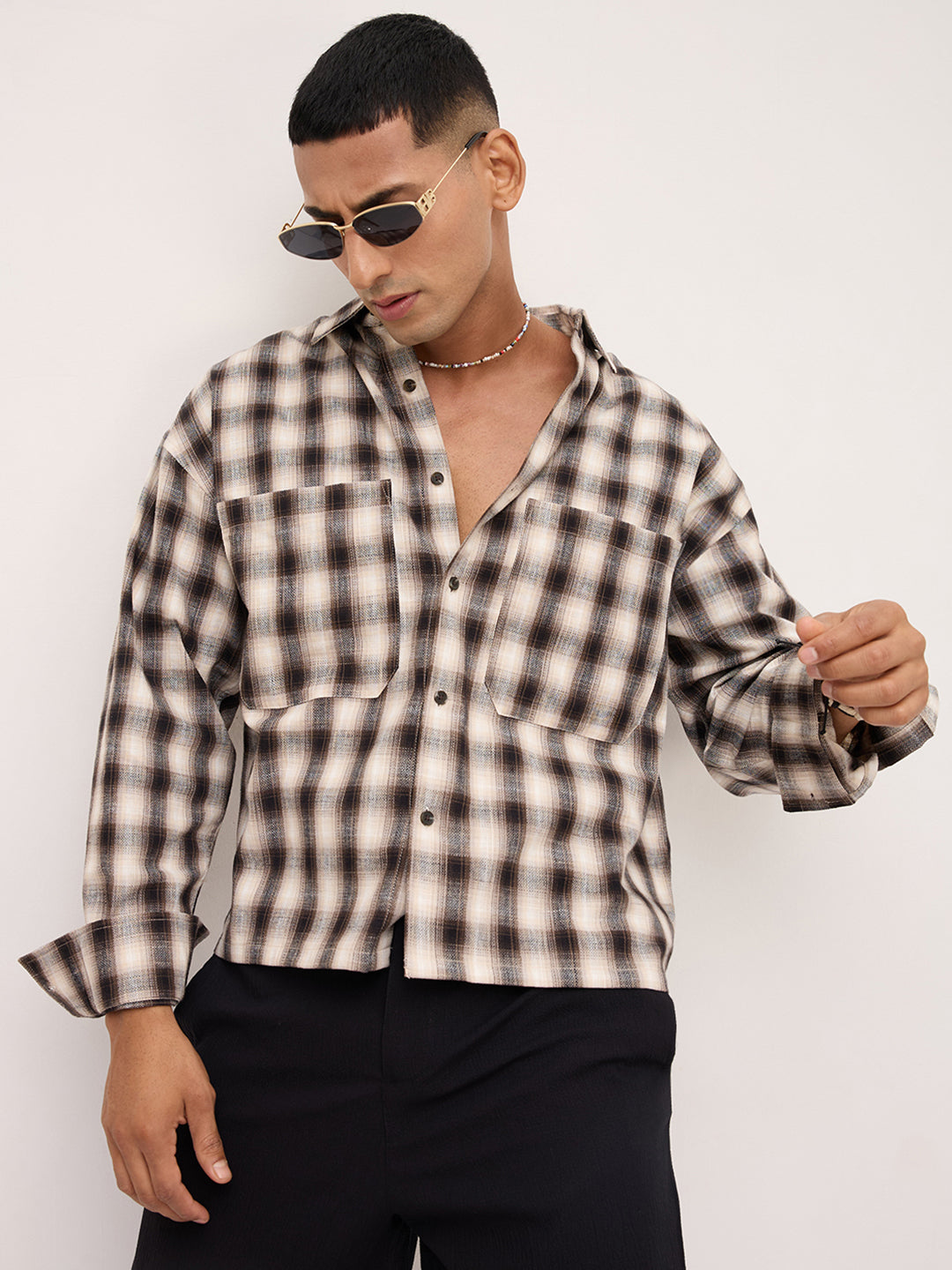 Beige & Black Tartan checks Double pocket Boxy Fit Crop Shirt