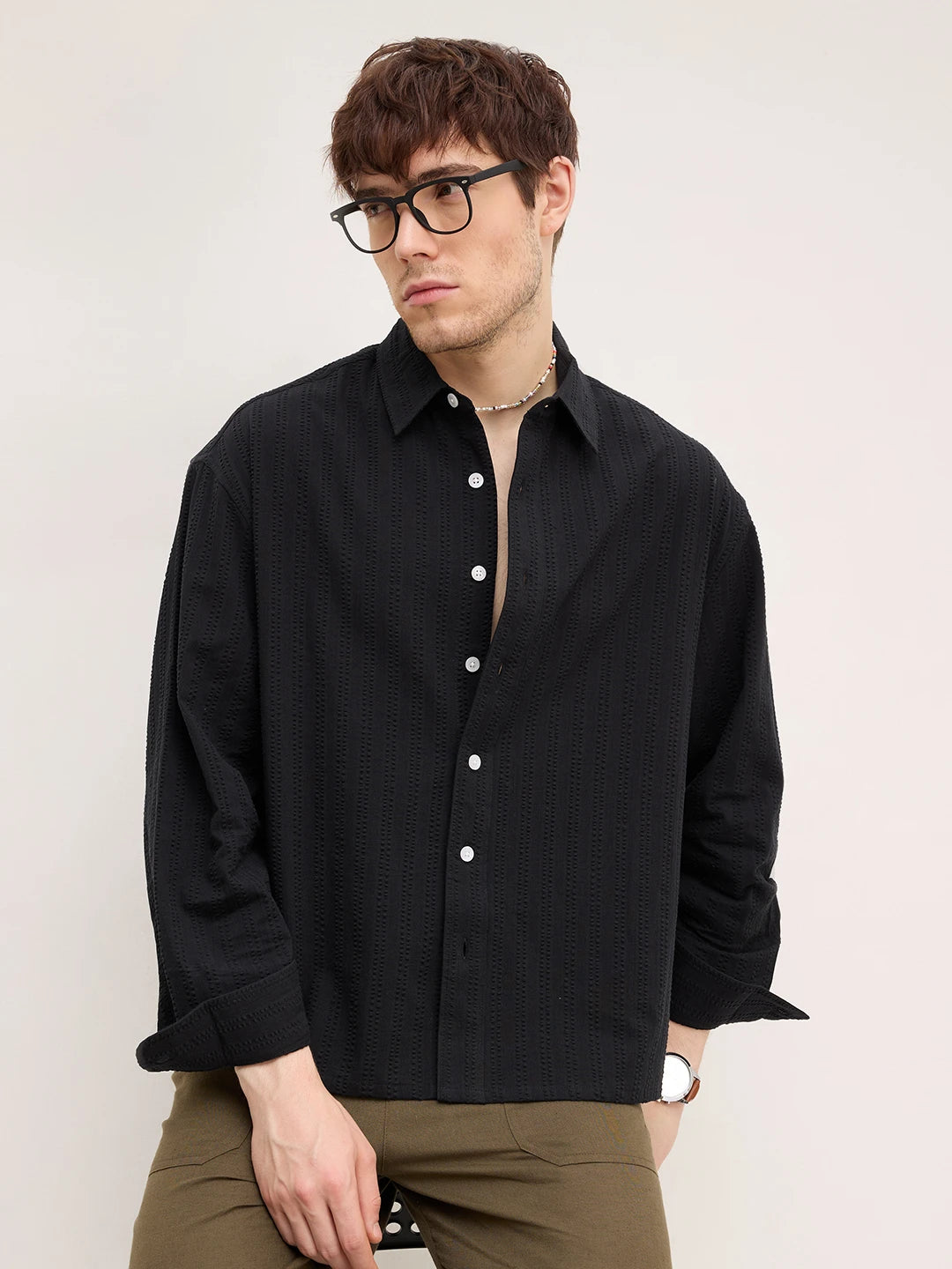 Elegant Black Seersucker Striped Boxy Fit Crop Shirt