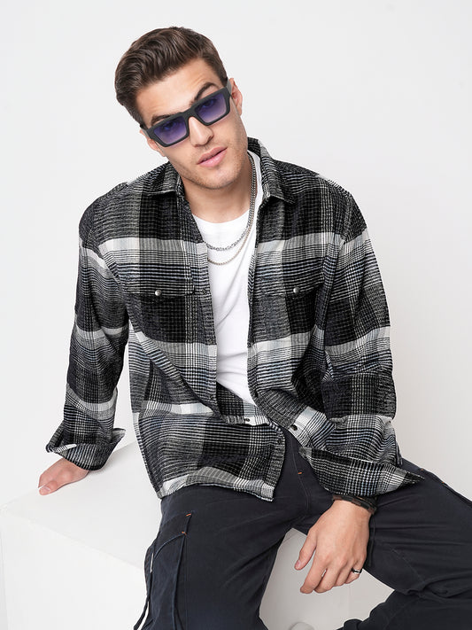 Black Checks Double Flap Pocket Corduroy Shirt