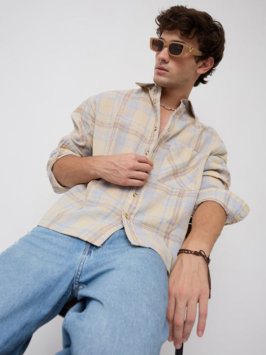 Pastel Dune Soft Plaid Checks Boxy Fit Crop Shirt