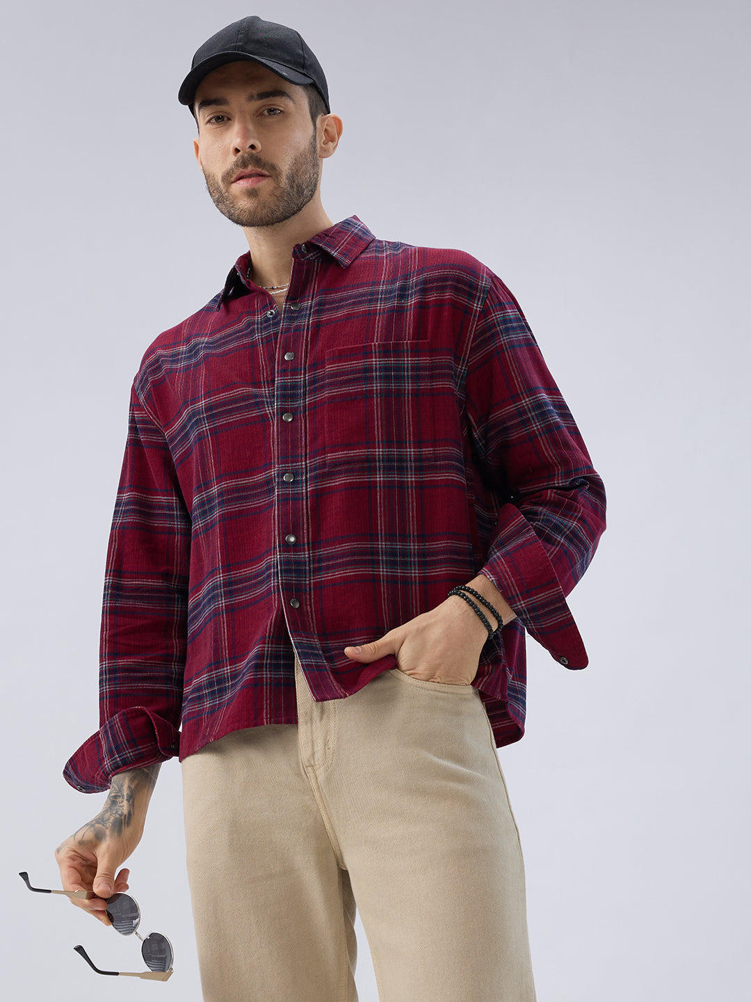Blood Red Tartan Checks Boxy Fit Flannel Crop Shirt