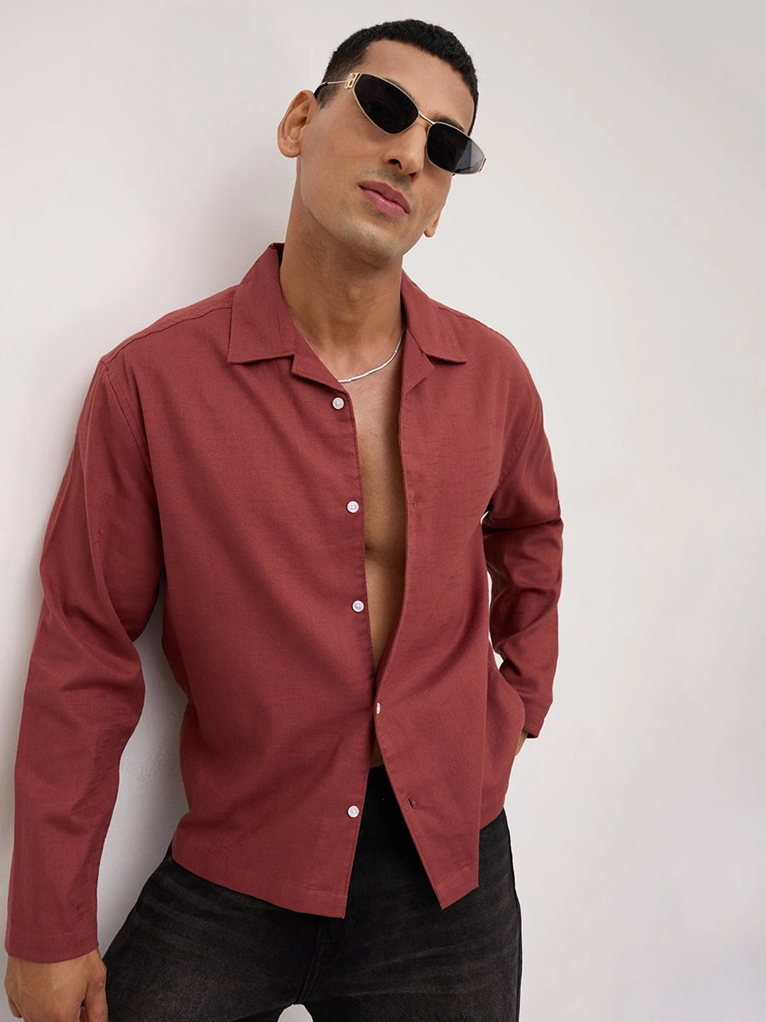 Rust Fine Sheer Slub Textured Oversized Resort Collar Shirt