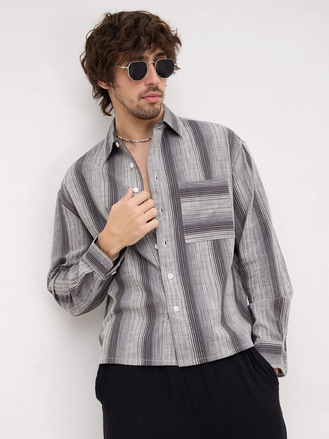 Grey Spectrum Microline Vertical Loom Boxy Fit Crop Shirt