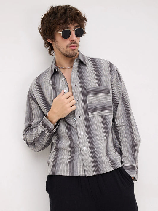 Grey Spectrum Microline Vertical Loom Boxy Fit Crop Shirt