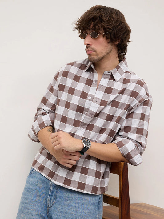 Chocolate Brown & White Ghingham Checks Boxy Fit Crop Shirt