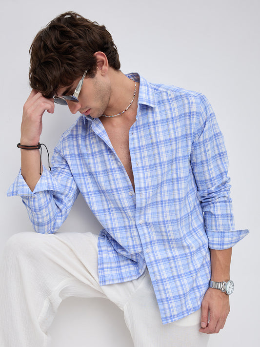 Classic Blue & White Balanced Seersucker Checks Shirt
