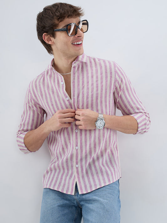 Cerise Pink & Ivory Balanced Striped Linen Blend Shirt