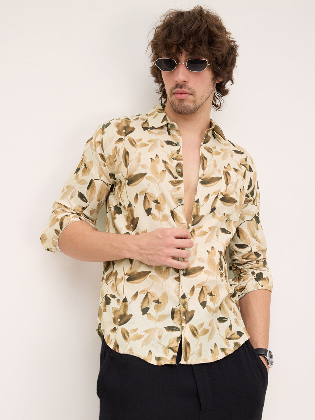 Camel Beige Artistic Floral Printed Shirt