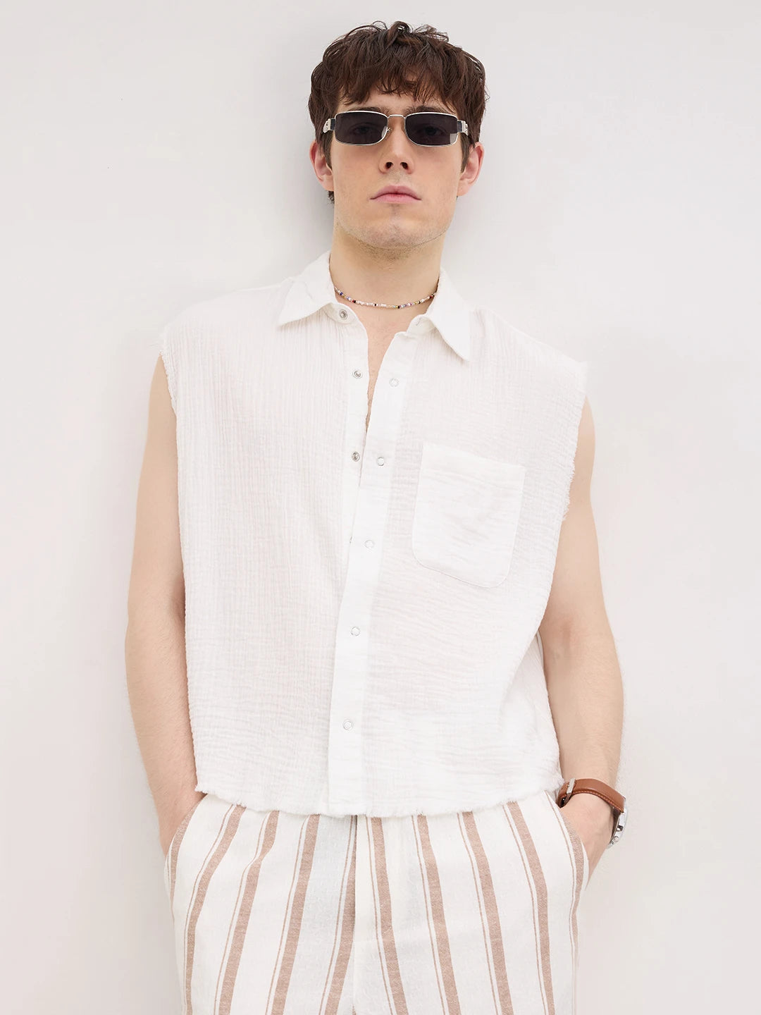 Iconic Frost White Sleeveless Cropped Shirt