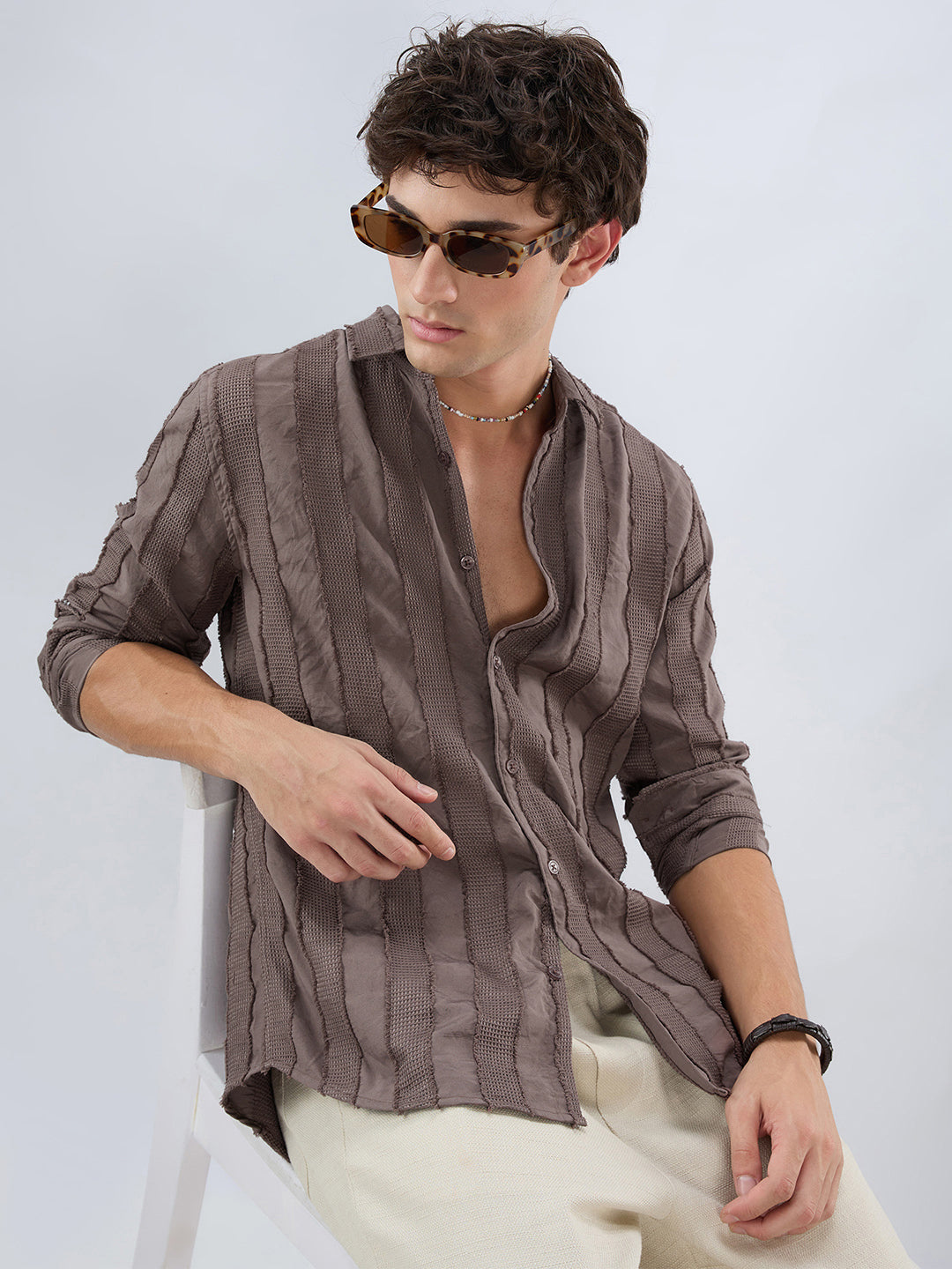 Chocolate Brown Frayed Panelled Waffle Textured Shirt