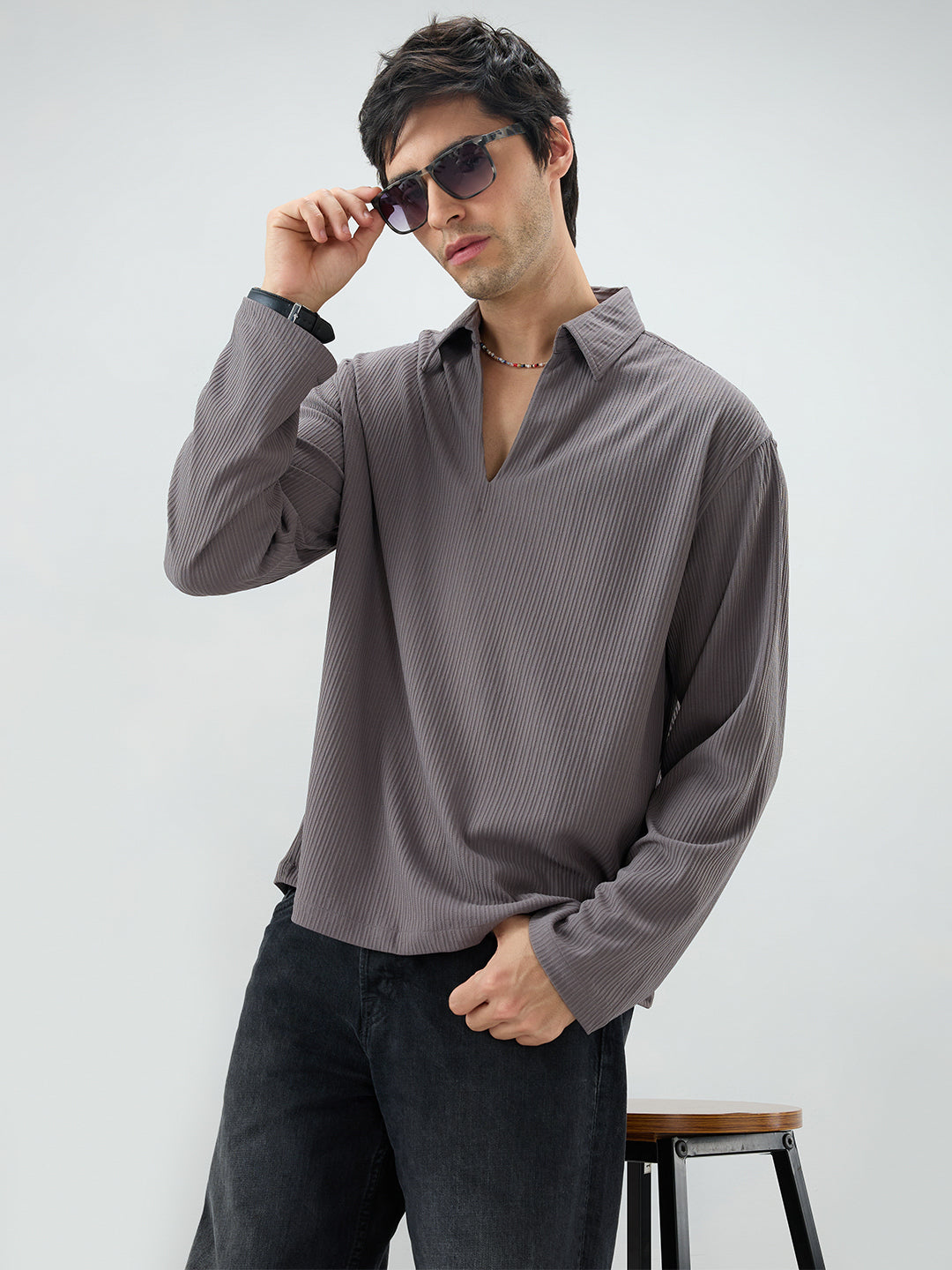 Graphite Grey Precision Rib Striped Oversized Polo Knitted Shirt