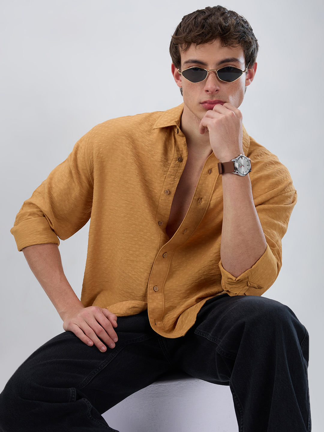 Warm Mustard Sun-Cured Lightweight Textured Boxy Fit  Crop Shirt