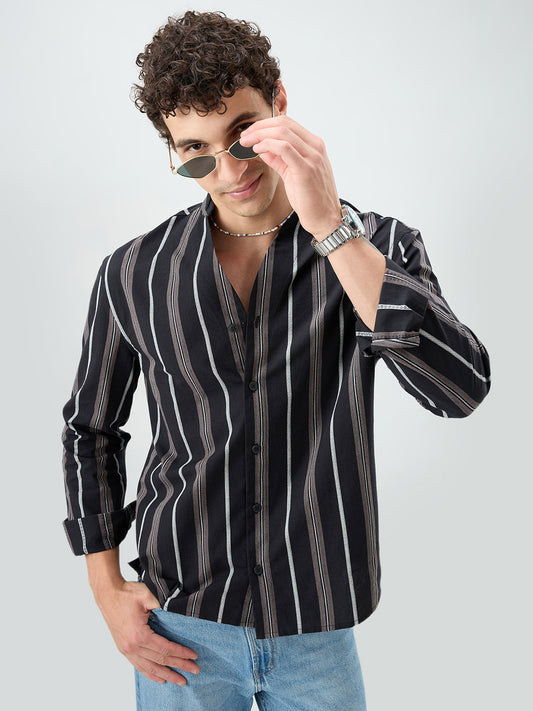 Black & Grey Striped Stand Collar Oversized Shirt