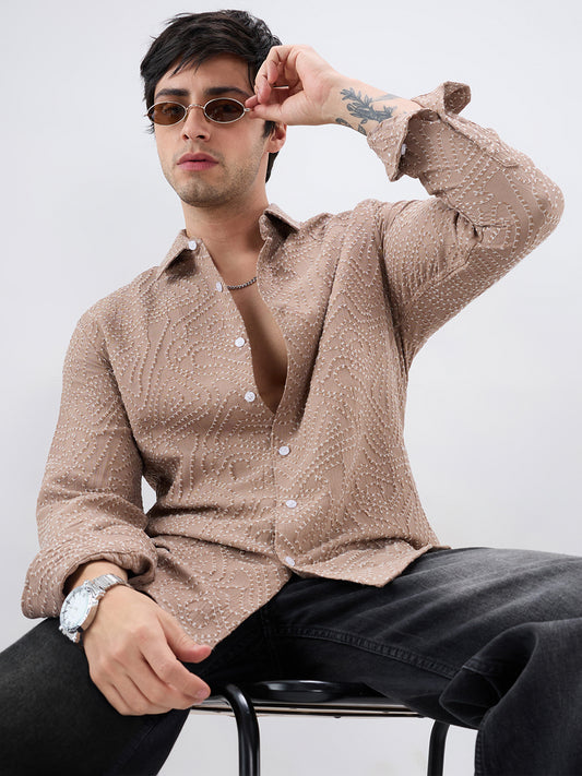 Intricate Dessert Brown Thread Flow Raised Stitch Shirt