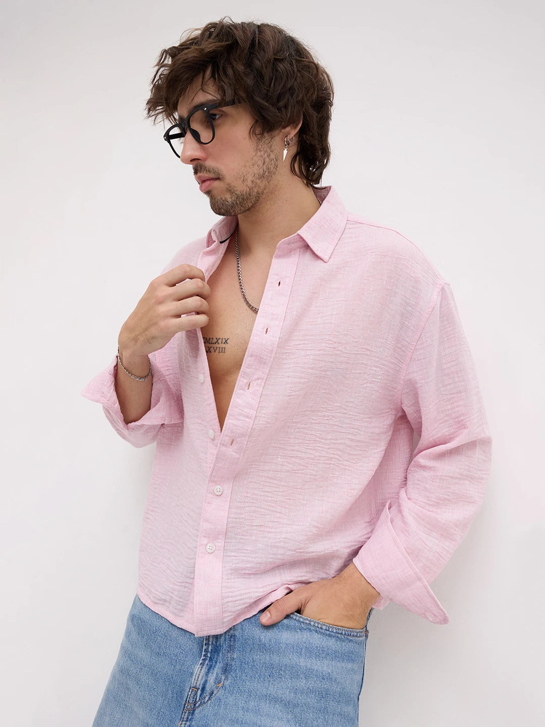Lustrous Blush Pink Textured Boxy Fit Crop Shirt