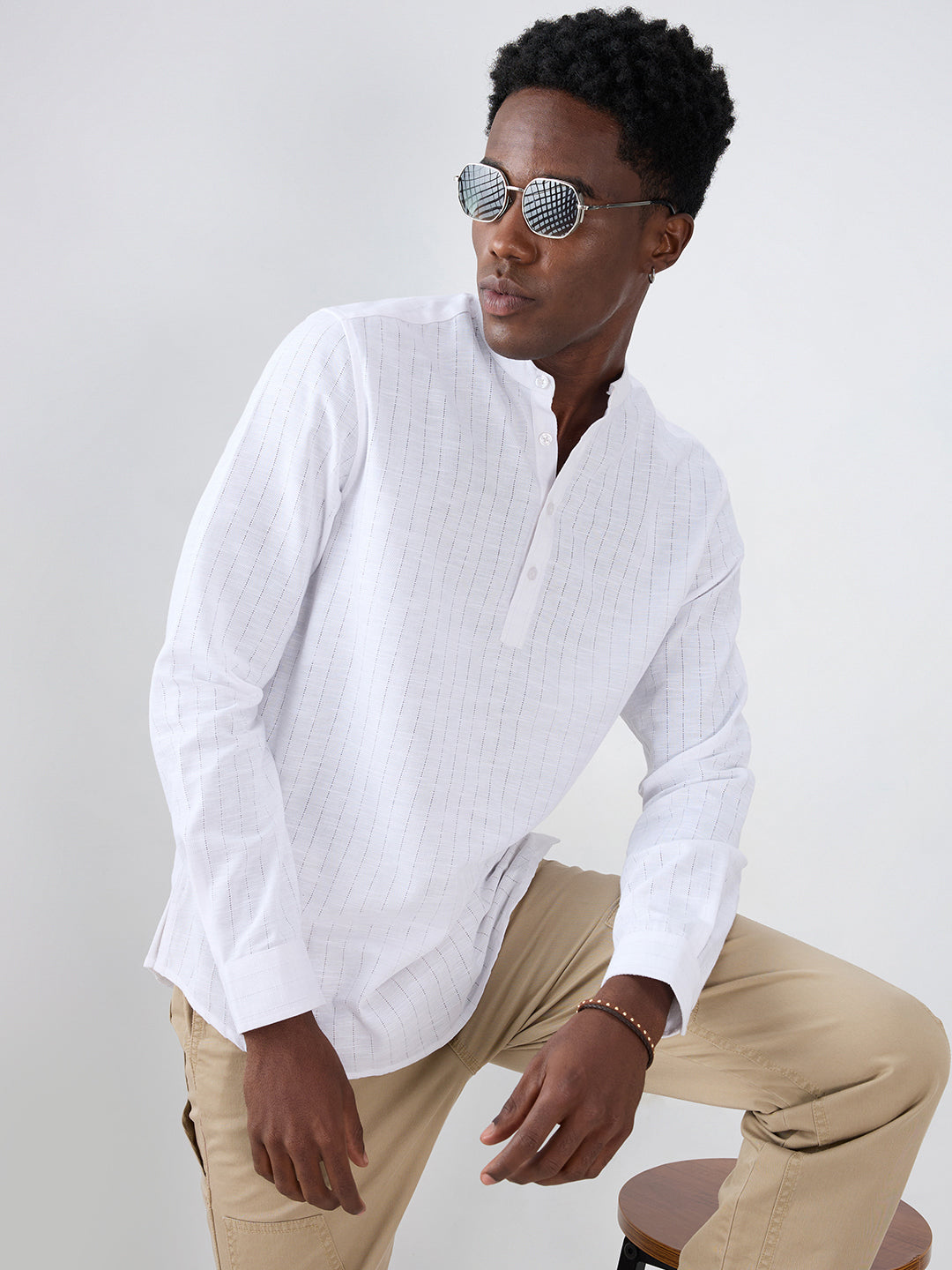 Pearl White Ladder Striped Subtle Textured Kurta