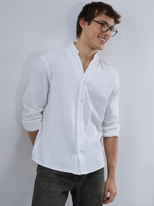 Soft Snow White Diagonal Textured Stand Collar Oversized Shirt