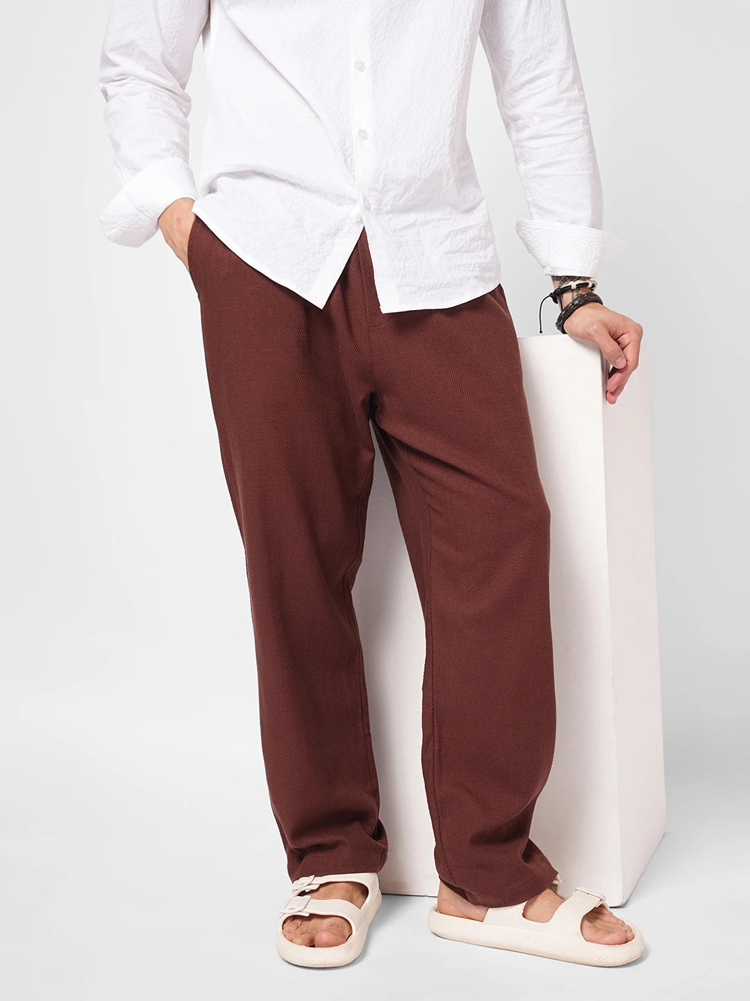 Brown Diagonal Twill Textured Tapered Trousers