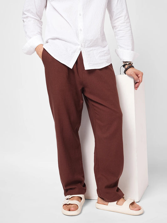 Brown Diagonal Twill Textured Tapered Trousers