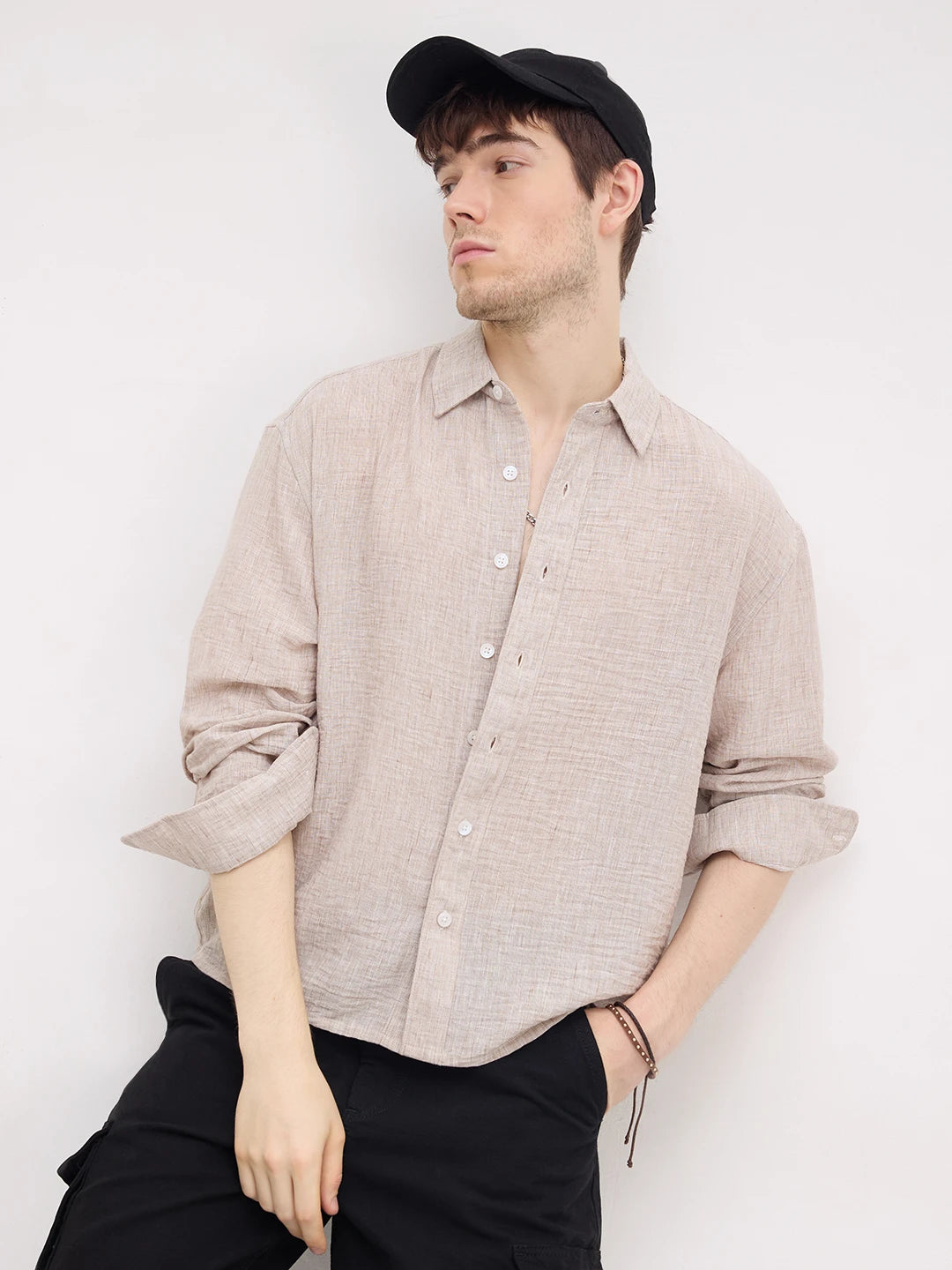 Tan Beige Fine Textured Boxy Fit Crop Shirt
