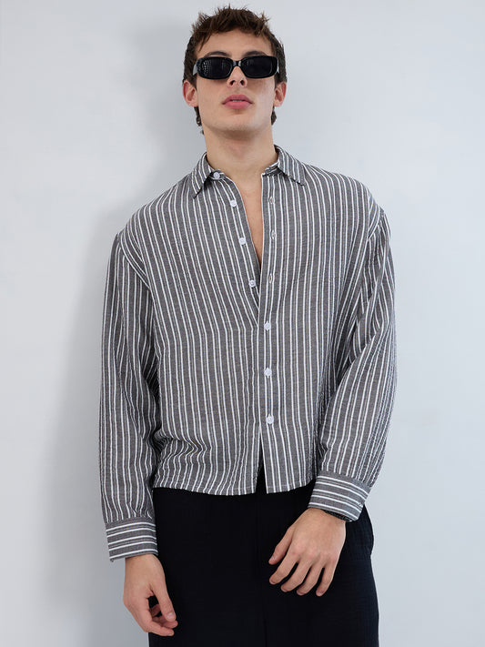 Monochrome Striped Crinkled Boxy-Fit Crop Shirt