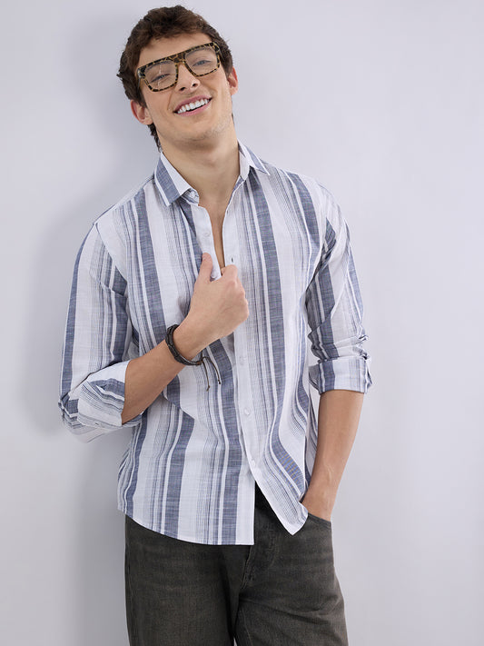 White & Navy Broad Striped Shirt