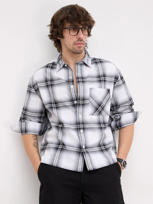 Rich Monochrome Plaid Shadow Checks Boxy Fit Crop Shirt