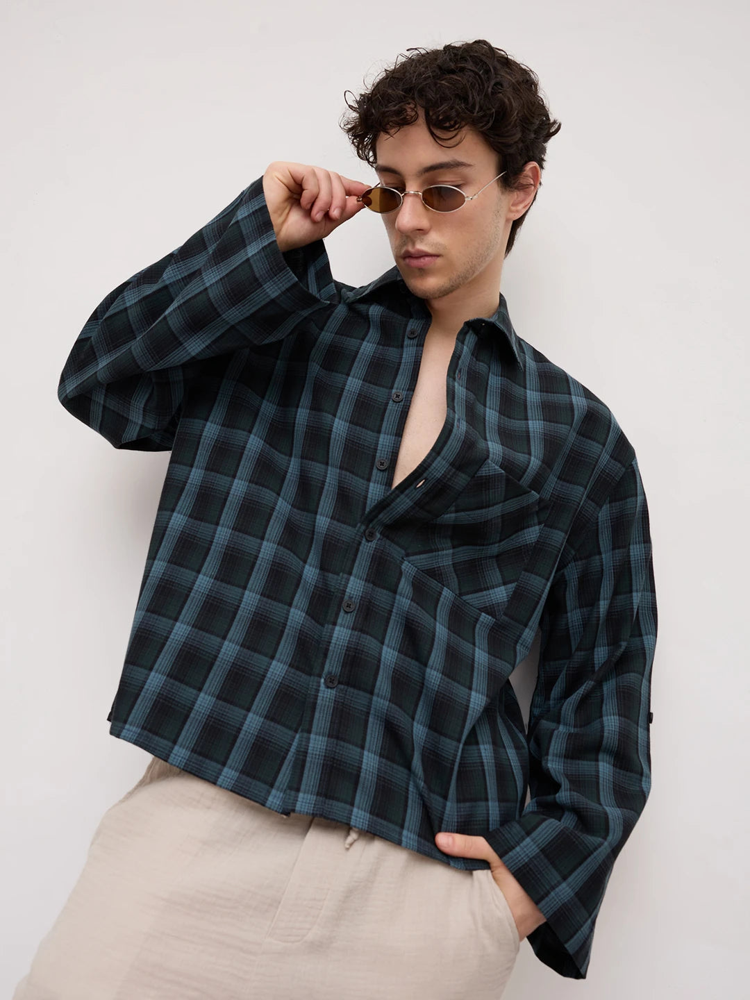 Turkish Blue Plaid Checks Cuffless Oversized Crop Shirt