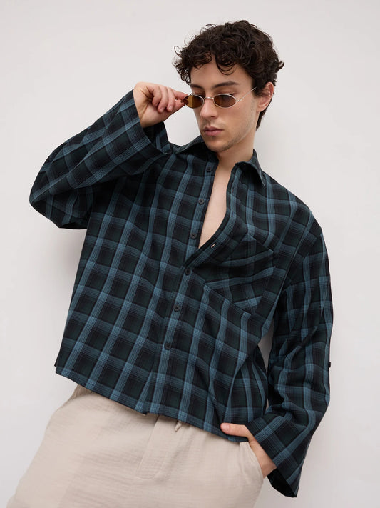 Turkish Blue Plaid Checks Cuffless Oversized Crop Shirt
